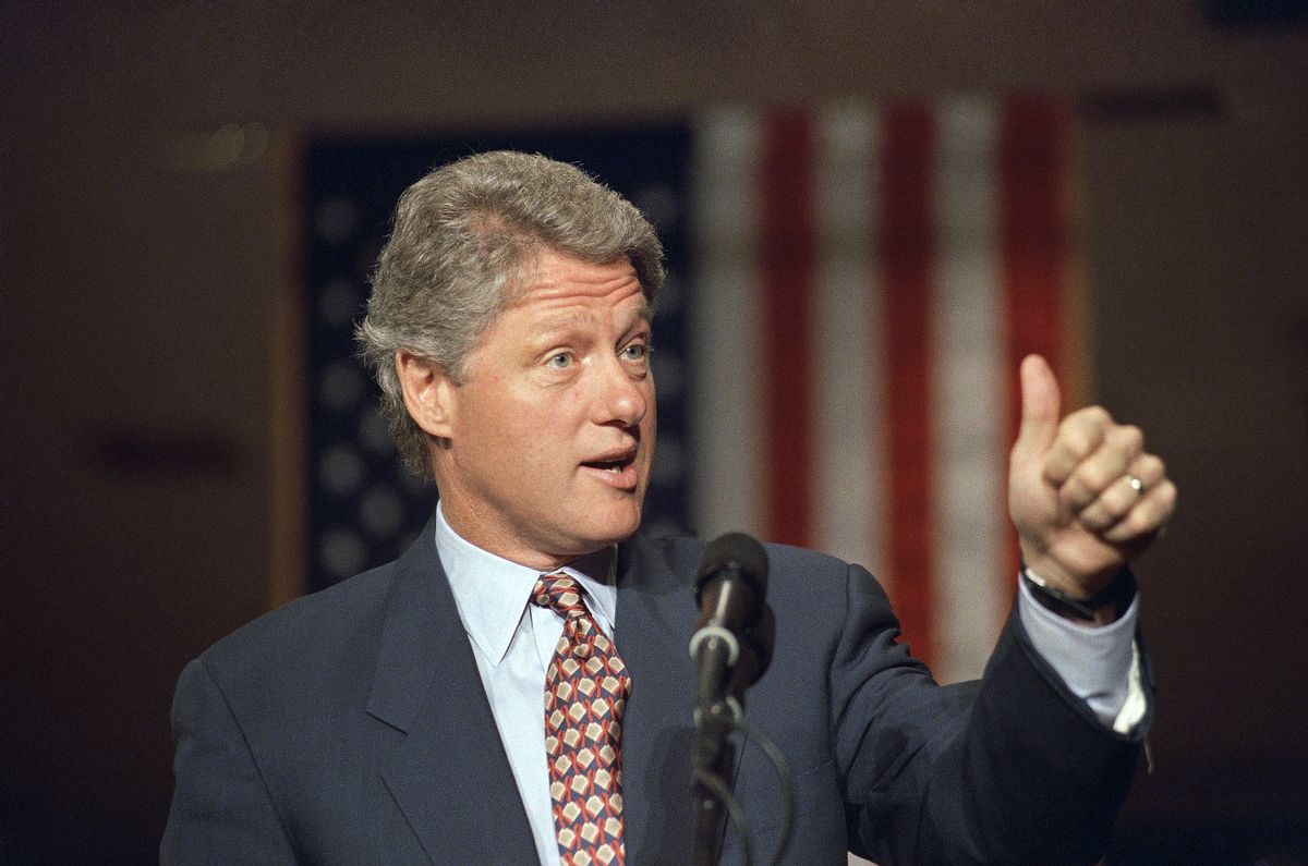 Democratic presidential nominee Bill Clinton gives the thumbs up sign as he speaks to a gathering at the University of Toledo in 1992. (AP)