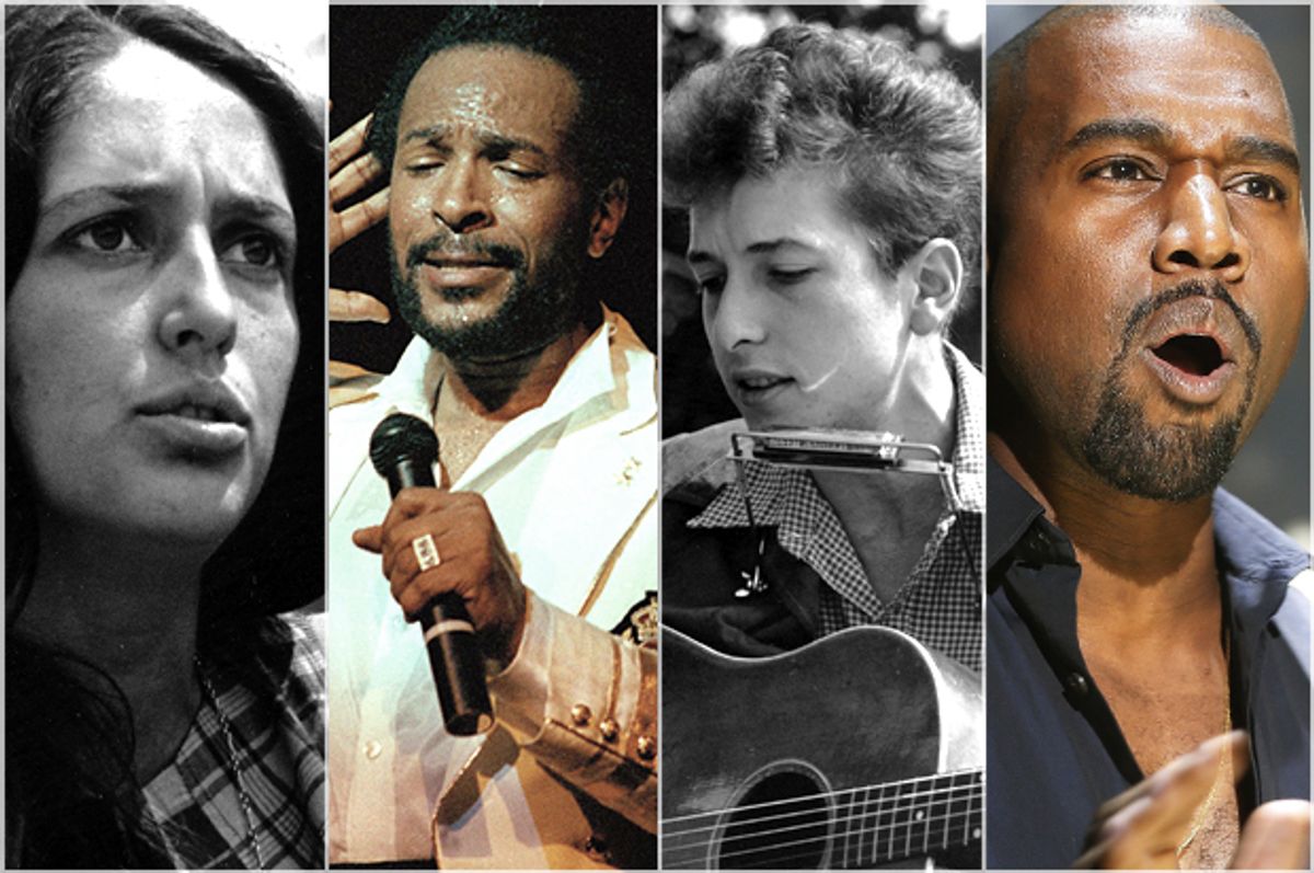 Joan Baez, Marvin Gaye, Bob Dylan, Kanye West   (Wikimedia/AP/Nancy Kaye/Reuters/Gonzalo Fuentes)