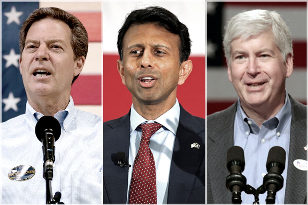 Sam Brownback, Bobby Jindal, Rick Snyder   (AP/Reuters/Charlie Riedel/Brian Snyder/Rebecca Cook)