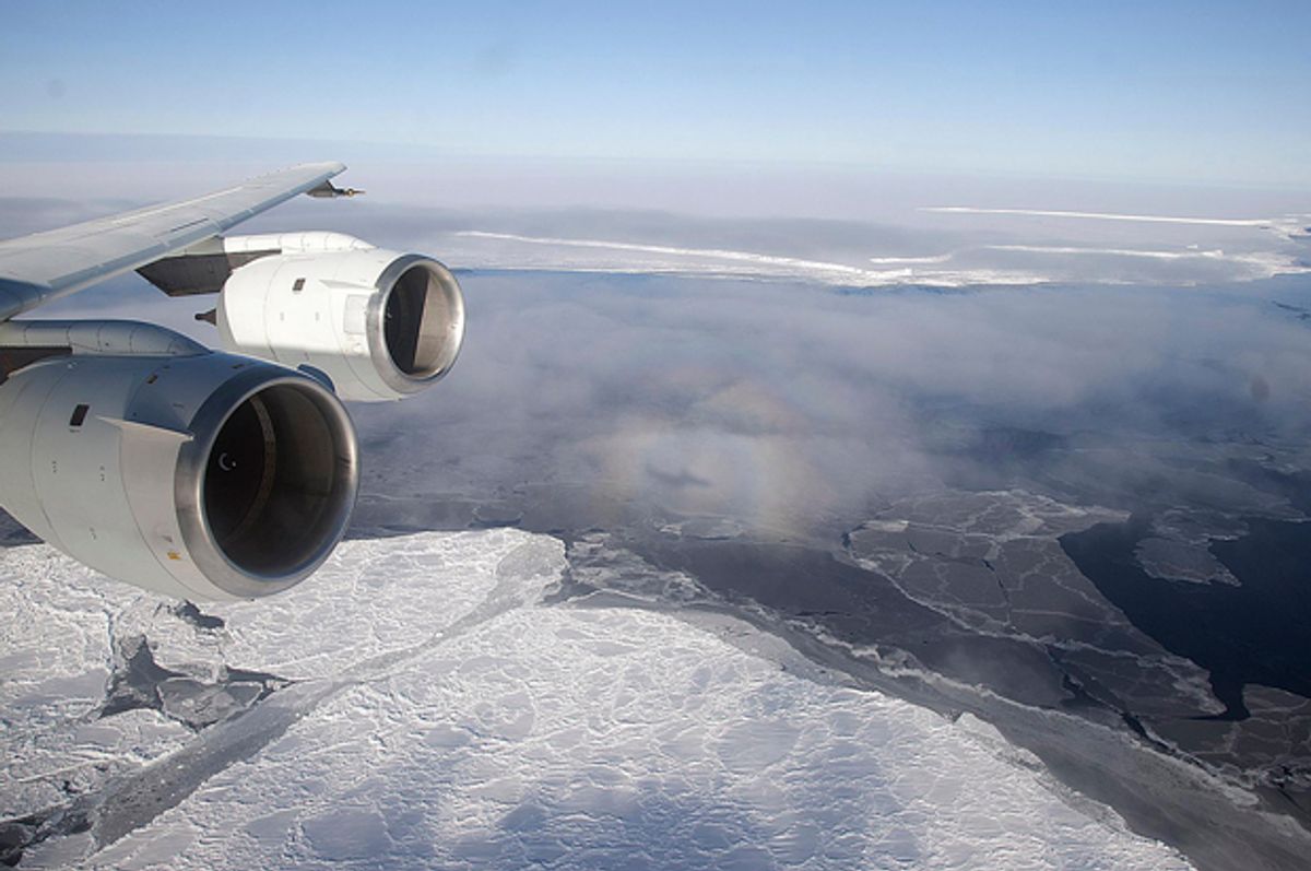 NASA's DC-8 flies over the Brunt Ice Shelf in Antarctica, October 26, 2010.   (Reuters/Michael Studinger)