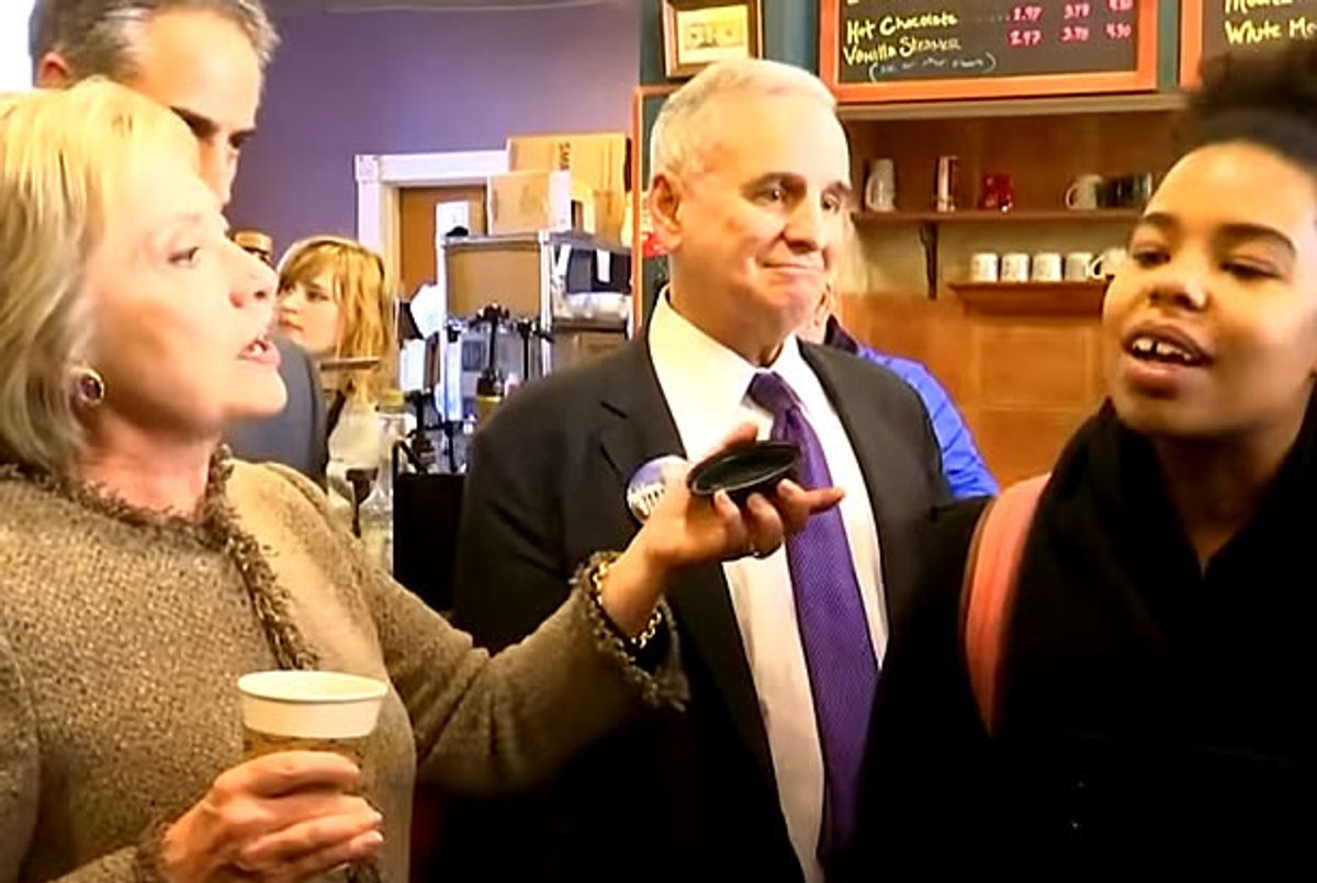 The Democratic front-runner was confronted in a Minnesota coffee shop by a young black woman who wanted her to expand on the lack of diversity among elected Democratic officials (You Tube)