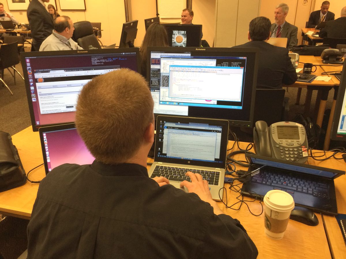 Mission control at Cyber Storm V in Washington, Tuesday, March 8, 2016. More than 1,100 cybersecurity professionals across the country and from Wyoming, Missouri, Mississippi, Georgia, Maine, Nevada, Oklahoma and Oregon, are participating in the Homeland Security Department's simulation to test their ability to deal with a cyberattack, said Touhill, the agencys deputy assistant secretary for Cybersecurity Operations and Programs at DHS. (AP Photo/Tami Abdollah) (AP)