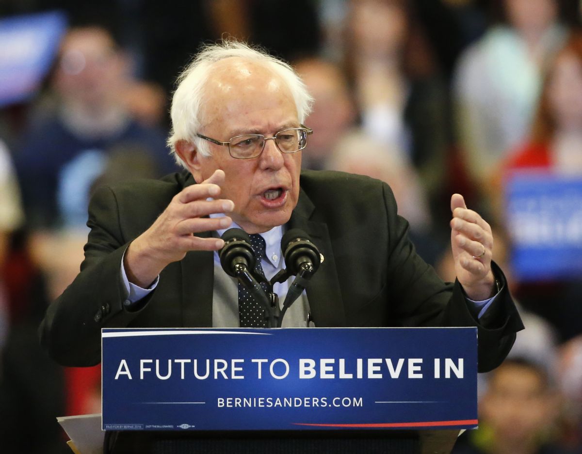 Democratic presidential candidate, Sen. Bernie Sanders, I-Vt. speaks during a town hall on the campus of Carthage College, Wednesday, March 30, 2016, in Kenosha, Wis. (AP Photo/) (AP/Charles Rex Arbogast)