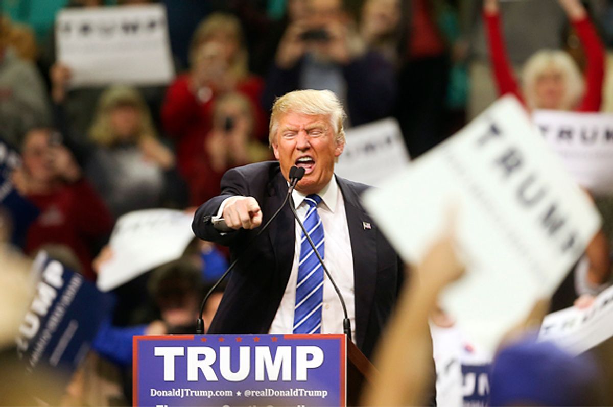 Republican presidential candidate Donald Trump gestures as he speaks at a campaign rally Friday, Feb. 5, 2016, in Florence, S.C.  (AP Photo/John Bazemore) (AP)