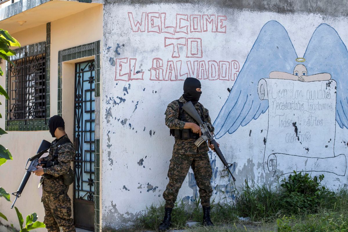 FILE - In this Aug. 31, 2015 file photo, soldiers guard a corner in a gang-controlled neighborhood in Ilopango, El Salvador.  (AP Photo/Salvador Melendez, File) (AP)