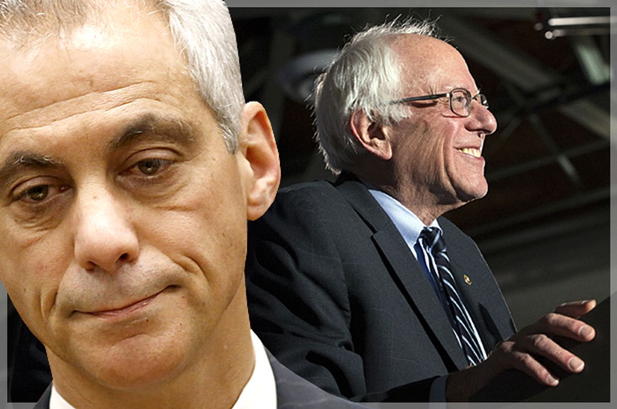 Rahm Emanuel, Bernie Sanders   (AP/Charles Rex Arbogast/John Minchillo/Photo montage by Salon)