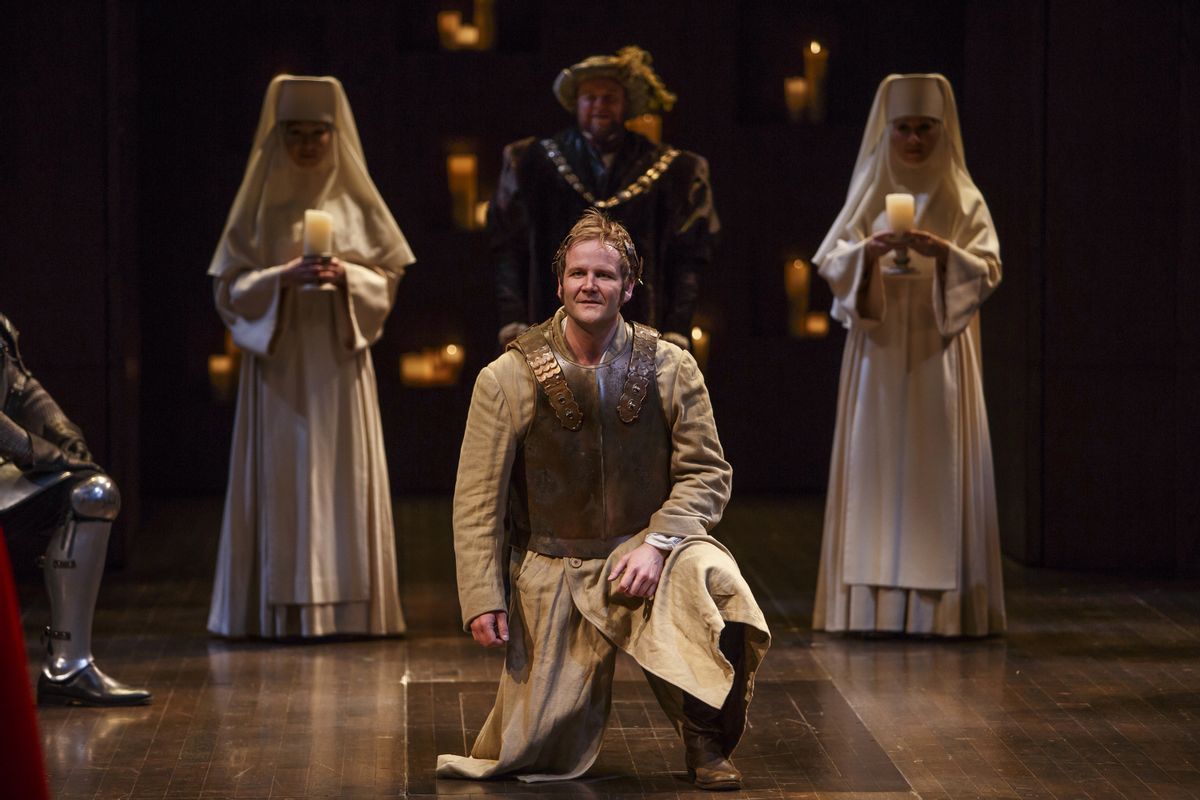 This image released by the Stratford Festival shows Evan Buliung as Pericles, center, during a performance of, "The Adventures of Pericles," in Ontario, Canada. in Ontario, Canada. The Stratford Festival will this year commemorate the 400th anniversary of William Shakespeare's death by broadcasting three more of the Bards work in HD, including Hamlet starring Jonathan Goad on April 24, "The Taming of the Shrew" beginning May 8 and "The Adventures of Pericles" on beginning May 29. (David Hou/Stratford Festival via AP) (AP)