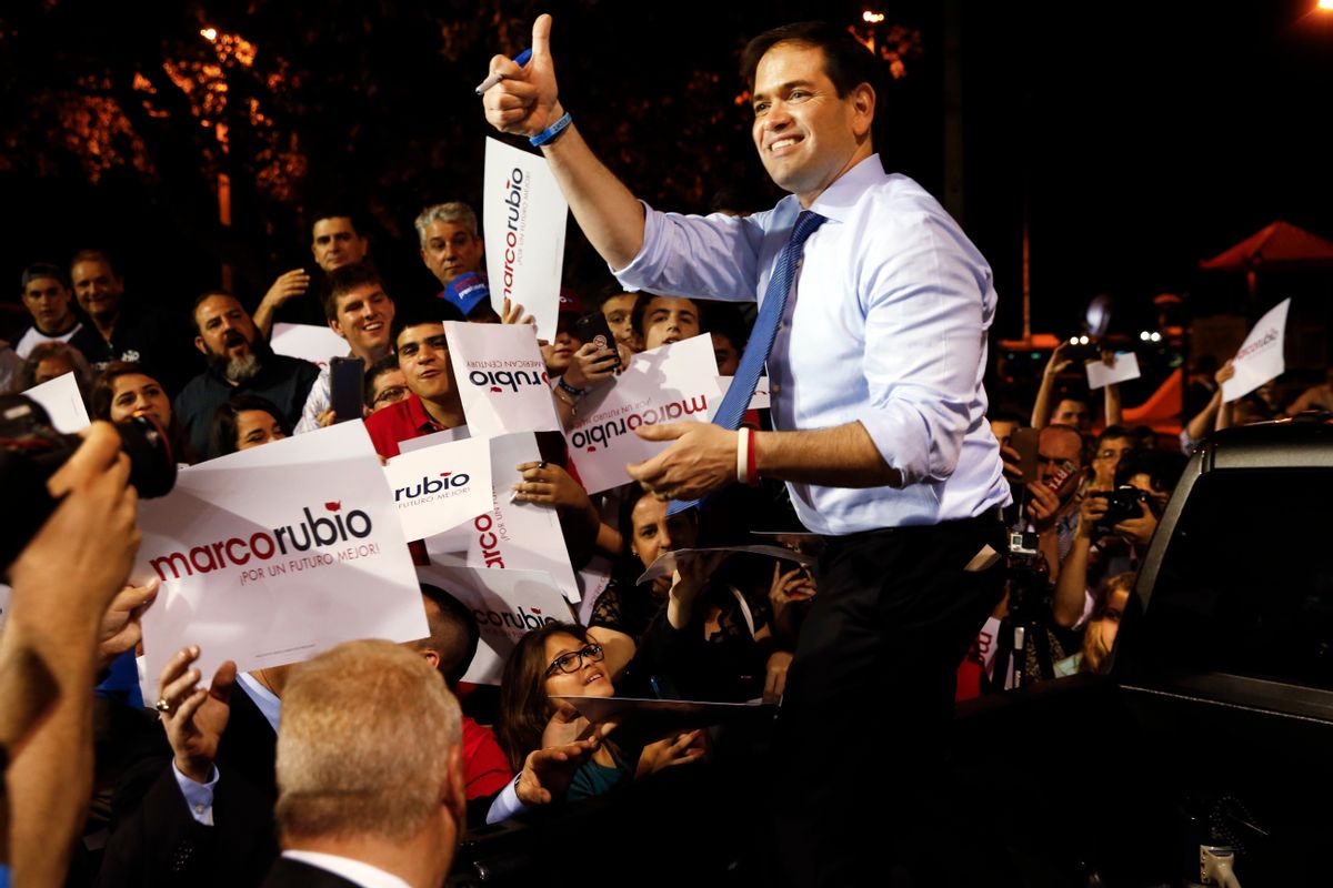 Republican presidential candidate Sen. Marco Rubio, R-Fla., speaks during a campaign rally in West Miami, Fla., Monday, March 14, 2016. (AP Photo/Paul Sancya) (AP)