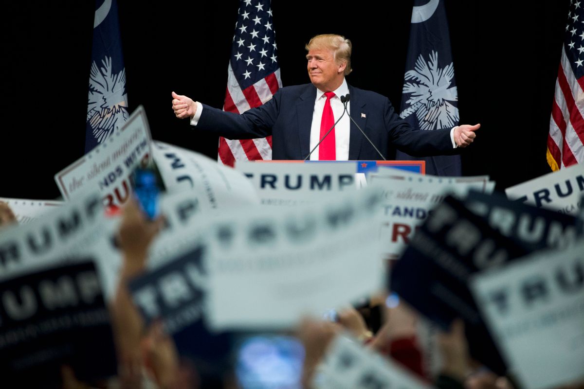 FILE - In this Feb. 19, 2016, file photo, Republican presidential candidate Donald Trump gestures during a campaign stop in Myrtle Beach, S.C. Well before Donald Trump was leading the race for the 2016 Republican presidential nomination, there was Jesse "The Body" Ventura, the former professional wrestler, radio talk show host and suburban mayor who, in his own election-night words, shocked the world with his improbable 1998 gubernatorial victory in Minnesota. (AP Photo/) (AP/Matt Rourke, File)