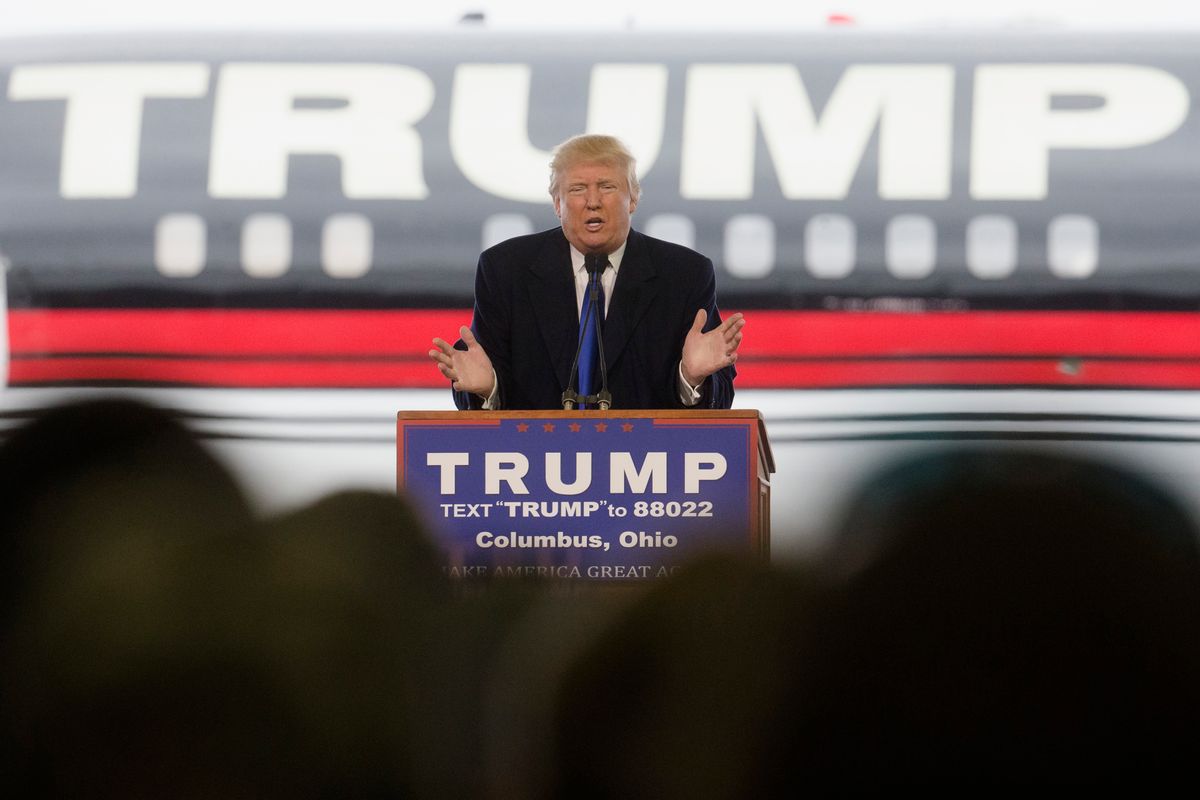 Republican presidential candidate Donald Trump speaks during a campaign stop at the Signature Flight Hangar at Port-Columbus International Airport, Tuesday, March 1, 2016, in Columbus, Ohio. (AP Photo/John Minchillo) (AP)