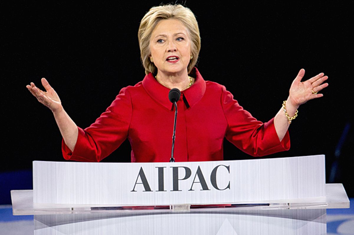 Hillary Clinton speaks at the 2016 American Israel Public Affairs Committee (AIPAC) Policy Conference, March 21, 2016.   (AP/Andrew Harnik)