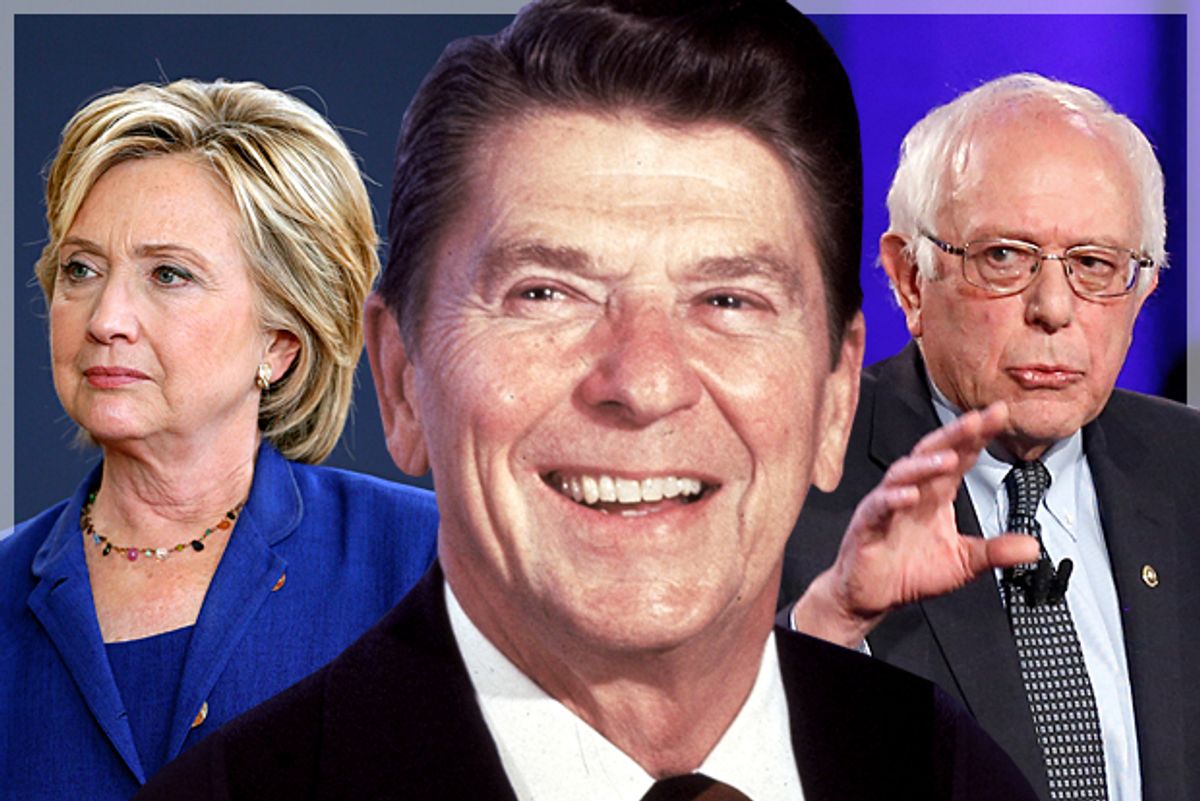 Hillary Clinton, Ronald Reagan, Bernie Sanders   (AP/Charlie Neibergall/Patrick Semansky/Photo montage by Salon)