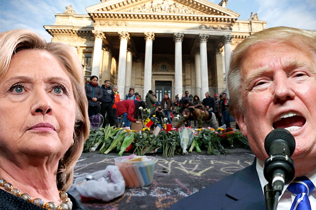 Hillary Clinton and Donald Trump; a memorial in Brussels following bomb attacks, March 22, 2016.   (AP/Reuters/Brian Snyder//Charles Platiau/Photo montage by Salon)
