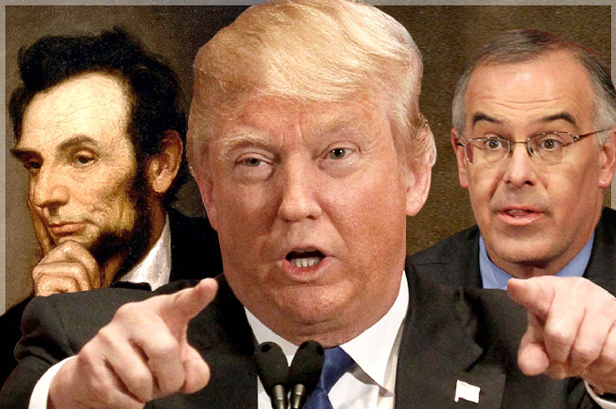 Abraham Lincoln, Donald Trump, David Brooks   (Wikimedia/AP/Reuters/Rick Wilking/Nam Y. Huh/Photo montage by Salon)