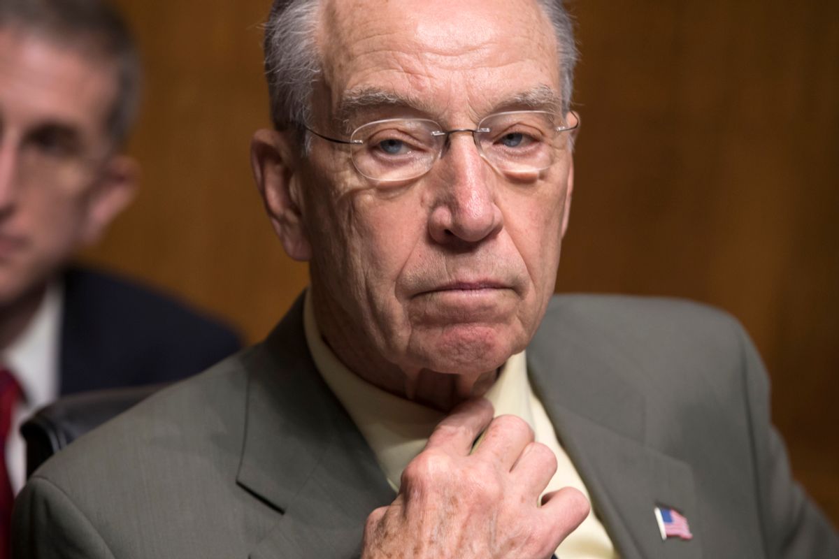 Senate Judiciary Committee Chairman Chuck Grassley, R-Iowa, whose panel is responsible for vetting judicial appointments, waits for the start of a hearing shortly after President Barack Obama announced Judge Merrick Garland as his nominee to replace the late Justice Antonin Scalia on the Supreme Court, on Capitol Hill in Washington, Wednesday, March 16, 2016.  (AP Photo/J. Scott Applewhite) (AP)