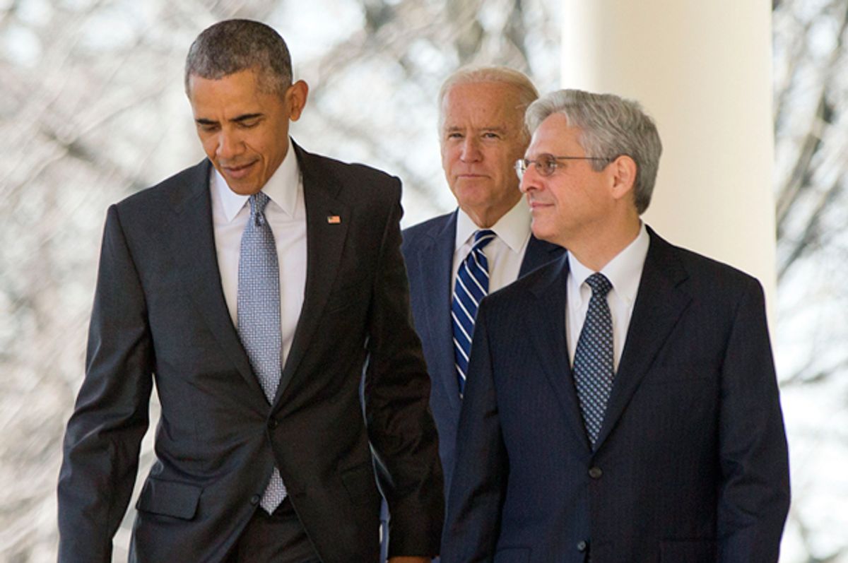 Merrick Garland walks out with President Barack Obama and Vice President Joe Biden as he is introduced as Obama's nominee for the Supreme Court, March 16, 2016.   (AP/Andrew Harnik)