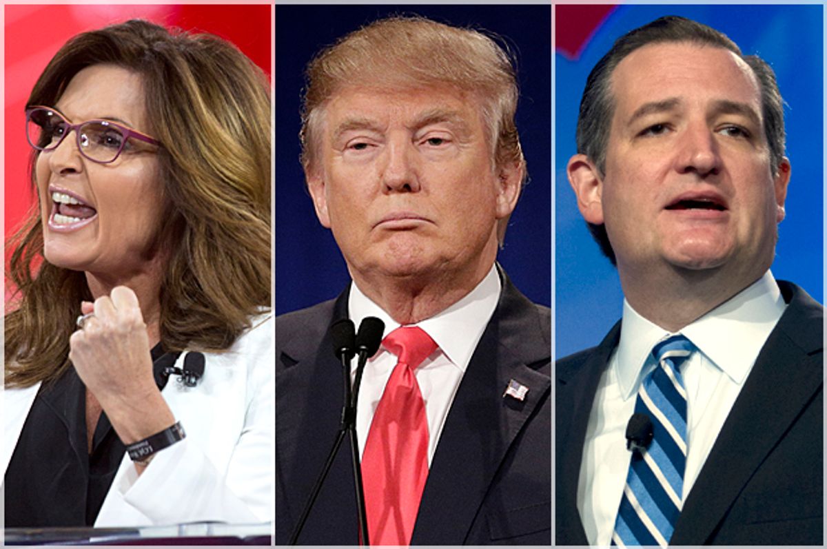Sarah Palin, Donald Trump, Ted Cruz   (Jeff Malet, maletphoto.com/AP/Chuck Burton/Jose Luis Magana)