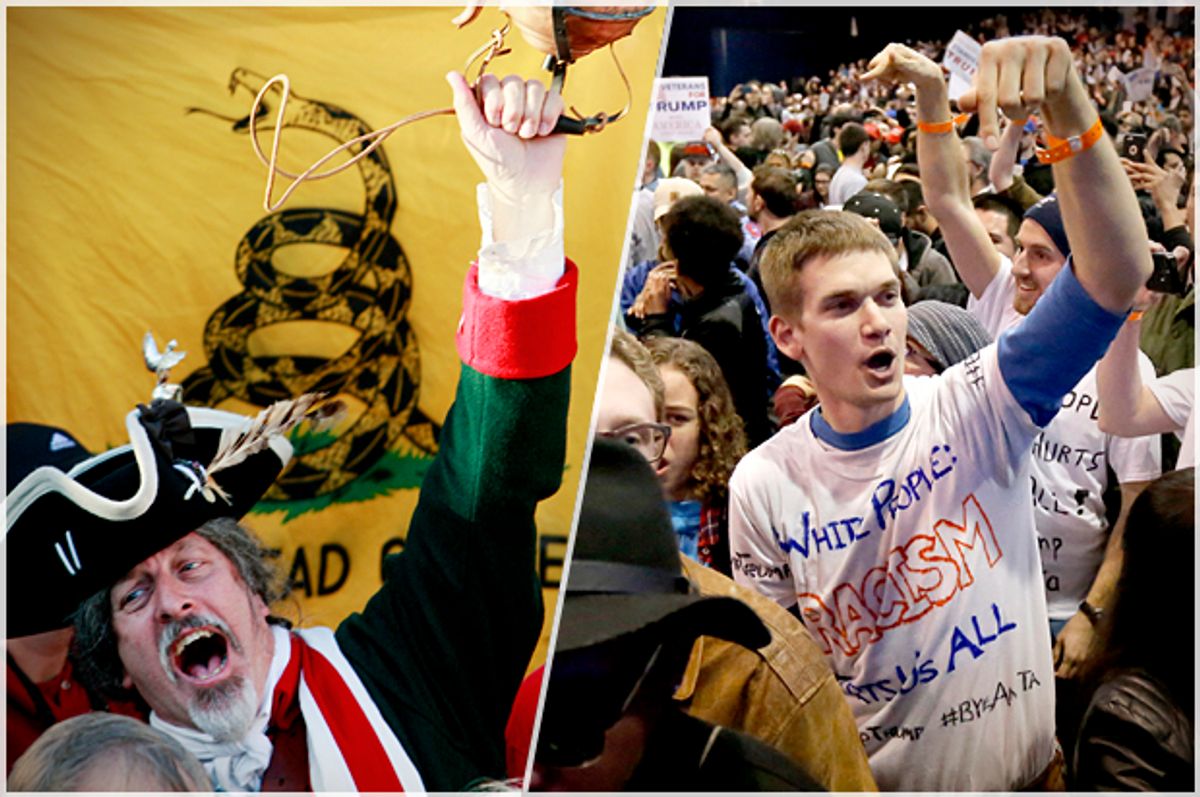 A Tea Party tax protest, April 15, 2009 in Atlanta; Donald Trump protesters in Chicago, March 11, 2016.   (AP/John Bazemore/Charles Rex Arbogast)