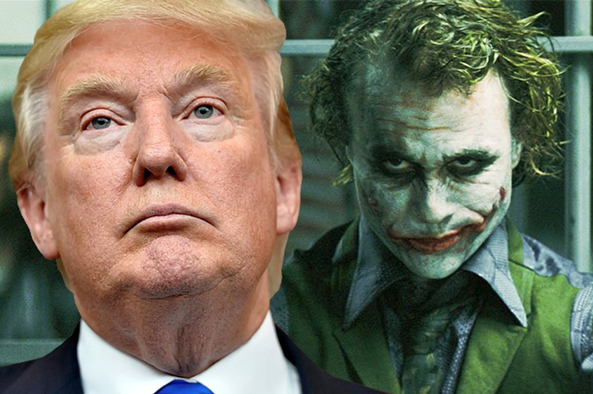 Donald Trump; Heath Ledger as The Joker in "The Dark Knight"   (AP/Richard Shiro/Warner Bros. Entertainment/Salon)