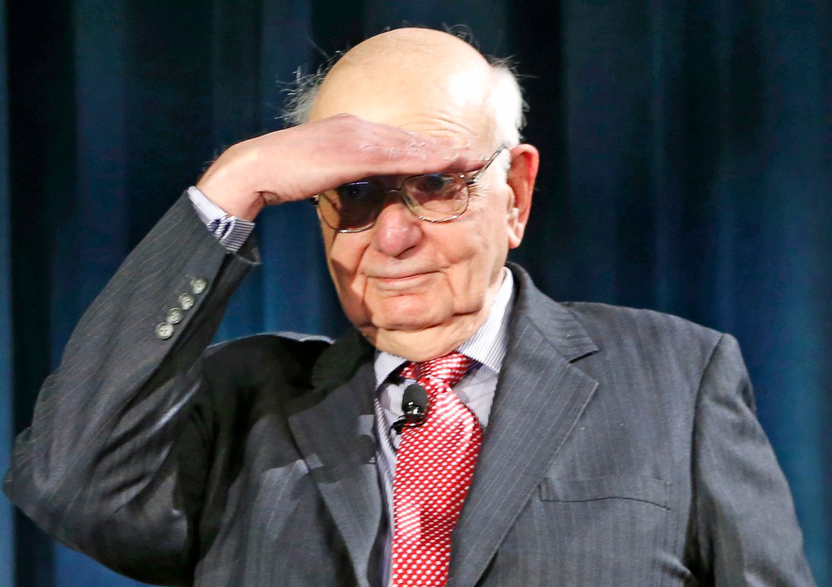 Former Federal Reserve chair Paul Volcker shields his eyes as he scans the audience, Thursday, April 7, 2016, in New York while appearing with current Federal Reserve chairperson Janet Yellen, and former Fed chair Ben Bernanke, as well as Alan Greenspan, by video conference. The panel is geared toward millennials and focused on decision-making with international implications. (AP Photo/Kathy Willens, Pool) (AP)