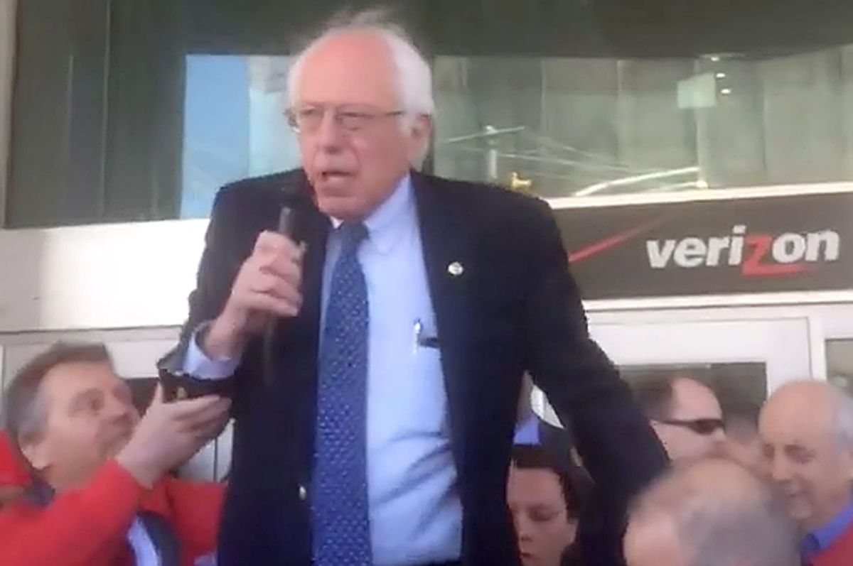 Bernie Sanders speaking in support of the Verizon strike at the picket line in New York City on Wednesday, April 13  (Working Families Party/Facebook)