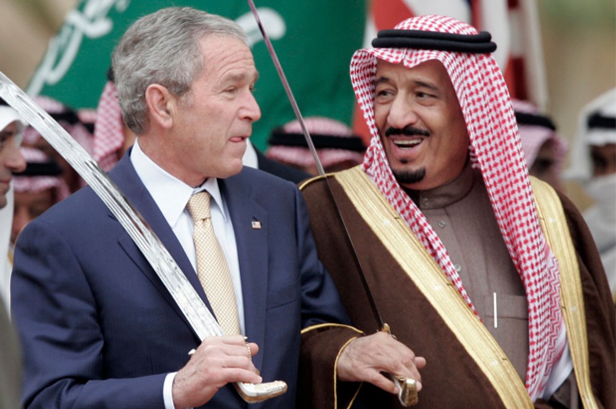 President Bush stands with Saudi Prince Salman, brother of Saudi King Abdullah, in Al Janadriyah, Saudi Arabia, Jan. 15, 2008.   (AP/Susan Walsh)