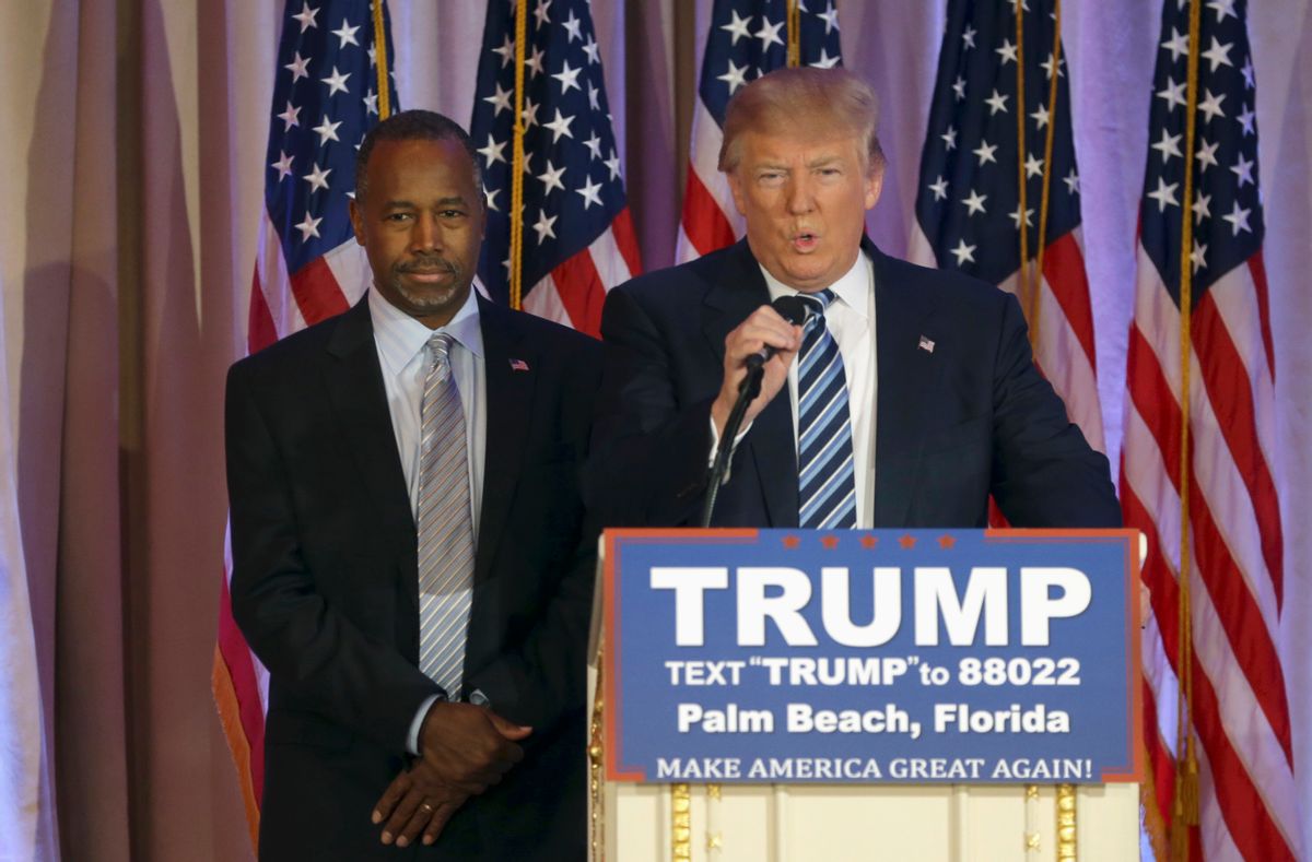 FILE - In this March 11, 2016 file photo, former Republican presidential candidate Ben Carson listens at left, before announcing he will endorse Republican presidential candidate Donald Trump during a news conference in Palm Beach, Fla.  But rarely have so many partnerships of political necessity appeared to be as reluctant, awkward, even downright tortured as in the 2016 GOP race.  (AP Photo/Lynne Sladky, File) (AP)