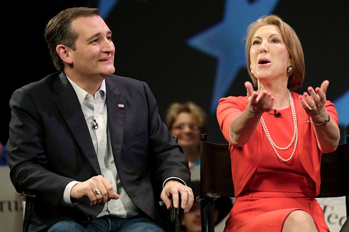 Ted Cruz, Carly Fiorina   (Reuters/Kevin Kolczynski)