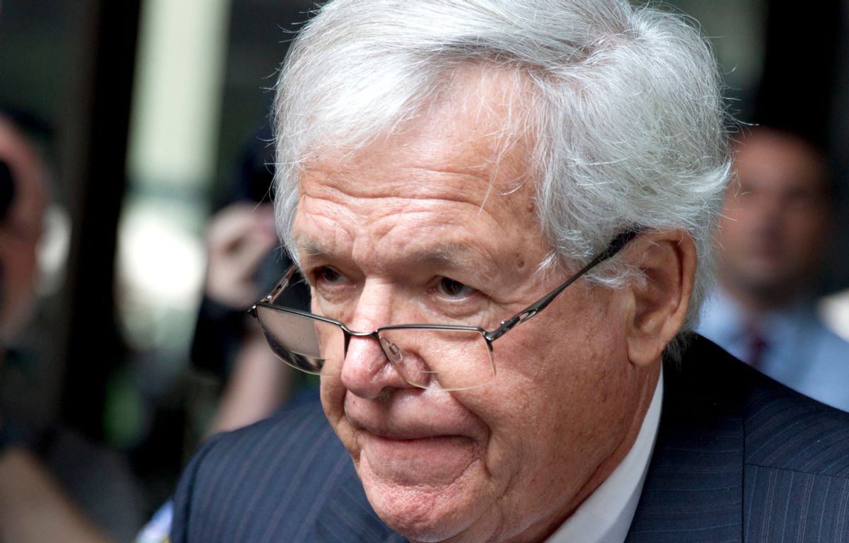 FILE - In this June 9, 2015 file photo, former U.S. House Speaker Dennis Hastert departs the federal courthouse in Chicago. Hastert pleaded guilty in October of 2015 to violating bank laws as he sought to pay $3.5 million in hush money. Hastert's lawyers want a judge to spare Hastert from prison time in the case and give him probation. A filing Wednesday, April 6, 2016 comes before the 74-year-old Republican's sentencing by a federal judge April 27. (AP Photo/Christian K. Lee, File) (AP)