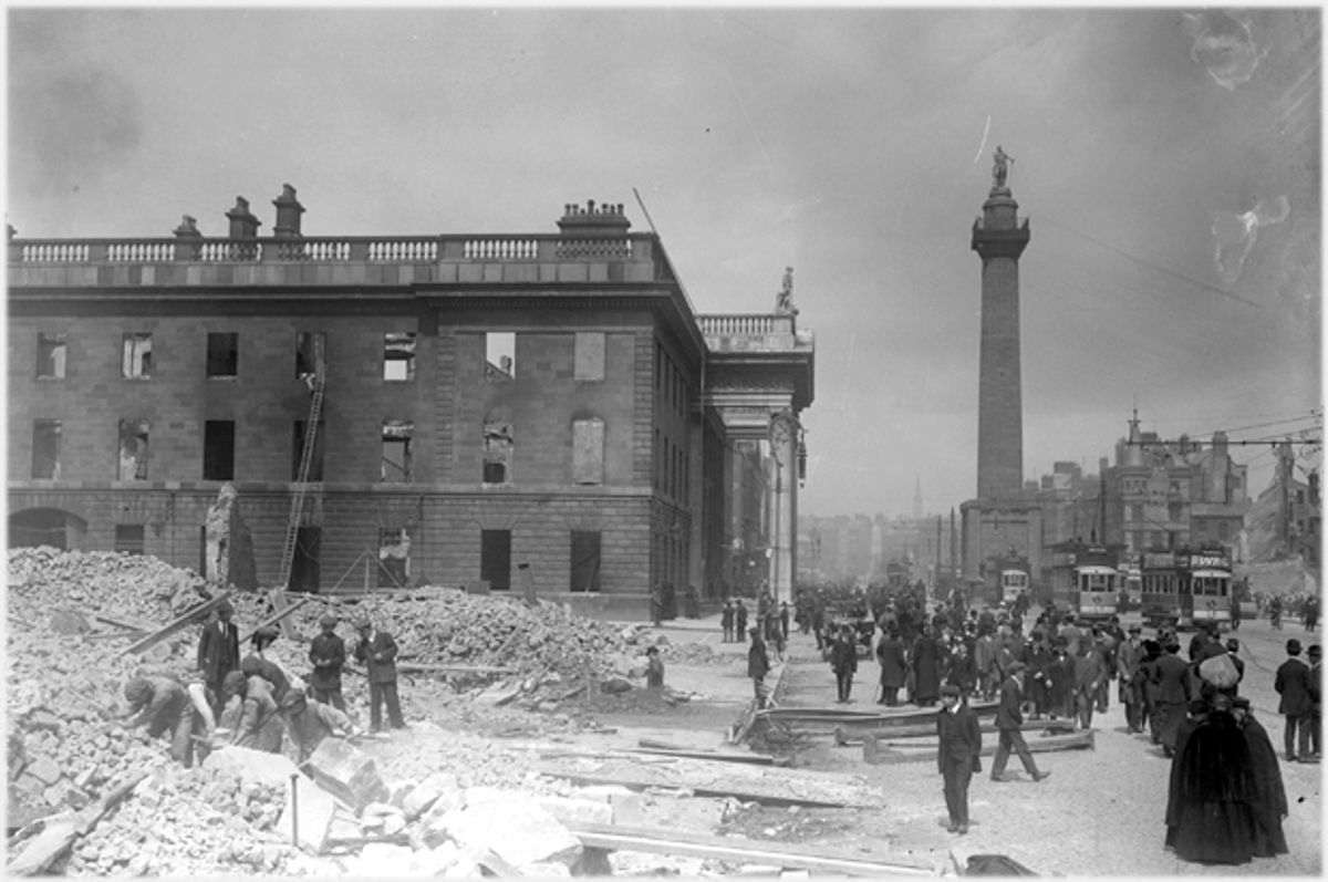 The burnt out shell of the GPO, the rebel headquarters, after the Easter Rising of 1916.   (Wikimedia)