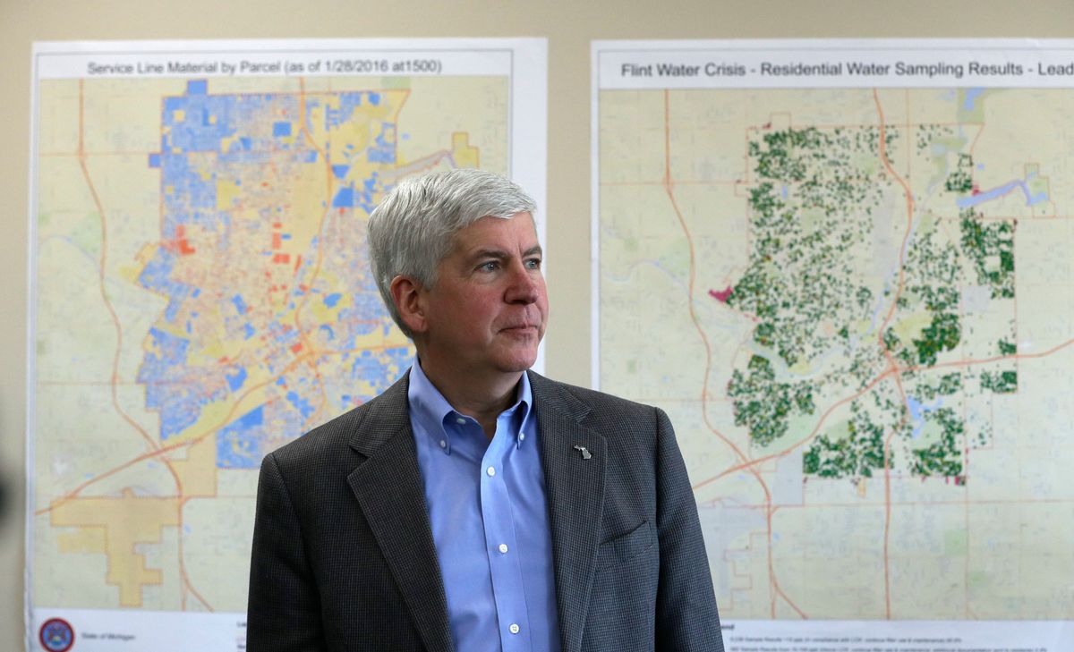 FILE--In this Feb. 18, 2016 file photo, Gov. Rick Snyder addresses the media in Flint, Mich. Michigan would have the toughest lead-testing rules in the nation and require the replacement of all underground lead service pipes in the state under a sweeping plan Gov. Rick Snyder and a team of water experts will unveil Friday, April 15, 2015 in the wake of Flint's water crisis. (AP Photo/Carlos Osorio) (AP)