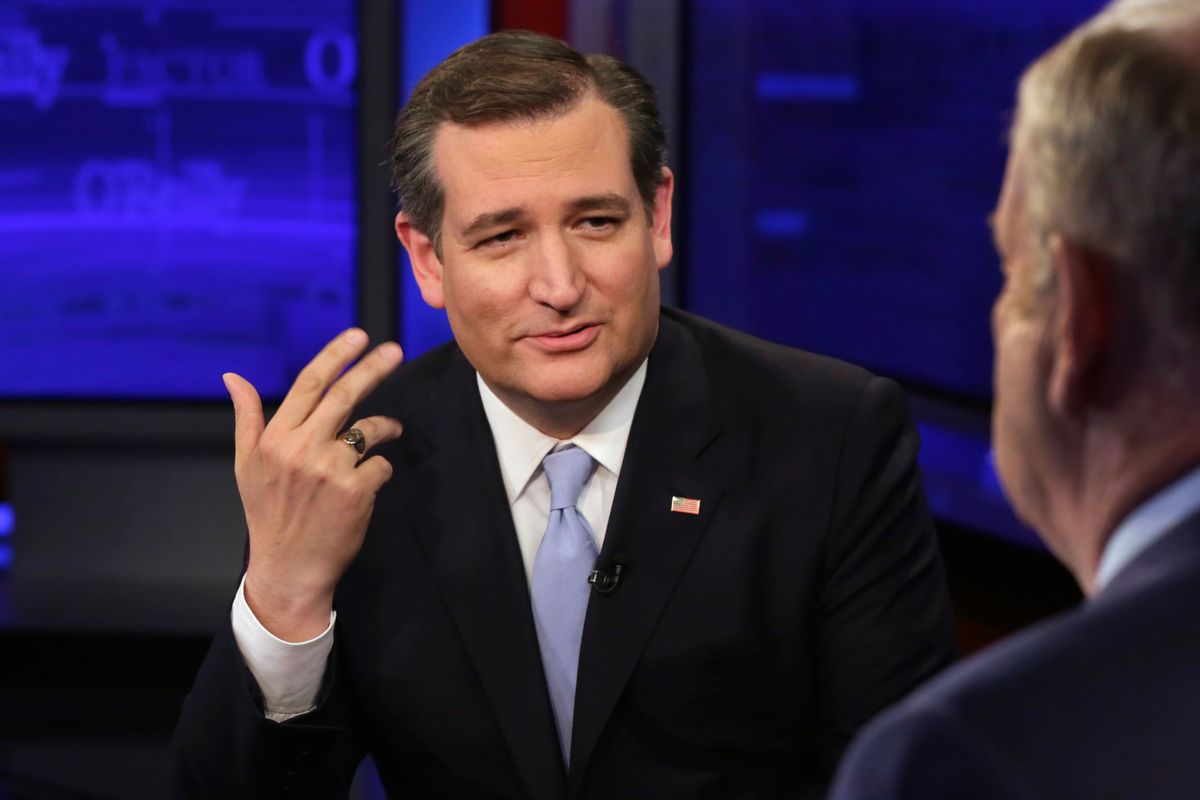 Republican presidential candidate Sen. Ted Cruz is interviewed by host Bill O'Reilly during "The O'Reilly Factor" television program, on the Fox News Channel in New York, Monday, April 18, 2016. (AP Photo/Richard Drew) (AP)