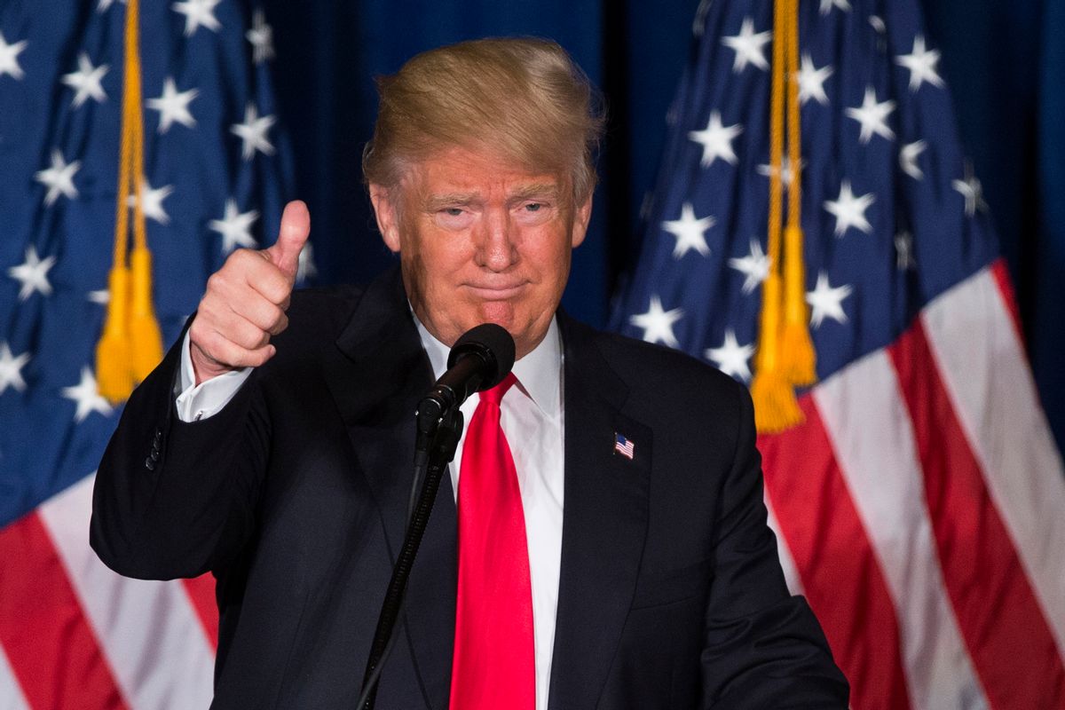 Republican presidential candidate Donald Trump gives a thumbs up after giving a foreign policy speech at the Mayflower Hotel in Washington, Wednesday, April 27, 2016. Trump's highly anticipated foreign policy speech Wednesday will test whether the Republican presidential front-runner, known for his raucous rallies and eyebrow-raising statements, can present a more presidential persona as he works to unite the GOP establishment behind him. (AP Photo/) (AP/Evan Vucci)