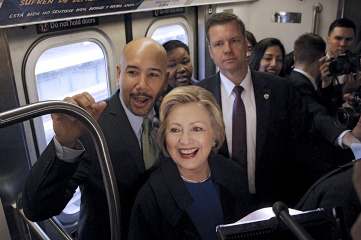 Hillary Clinton rides the Subway with Bronx Borough President Ruben Diaz in the Bronx, April 7, 2016.   (Reuters/Brendan McDermid)