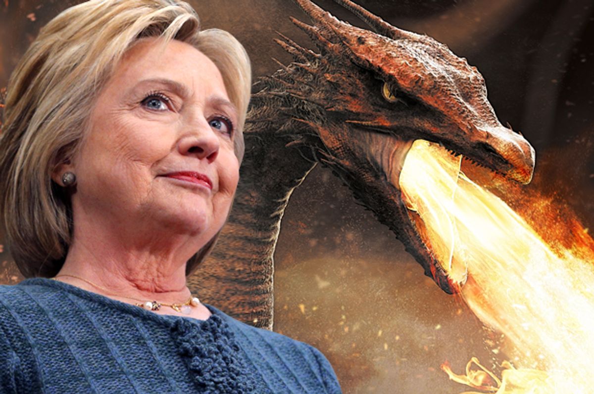 Hillary Clinton; a dragon.   (Reuters/Brian Snyder/<a href='http://www.shutterstock.com/gallery-2317874p1.html'>adike</a> via <a href='http://www.shutterstock.com/'>Shutterstock</a>/Salon)