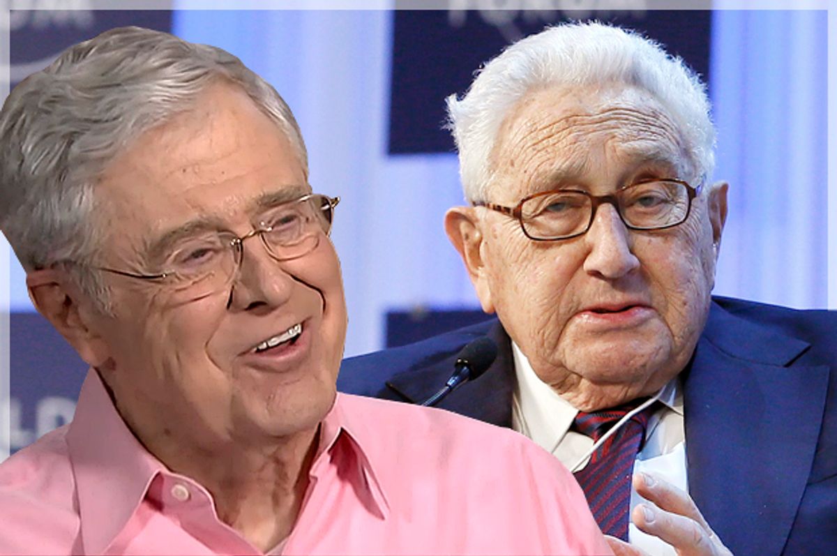 Charles Koch, Henry Kissinger   (MSNBC/Reuters/Pascal Lauener/Photo montage by Salon)