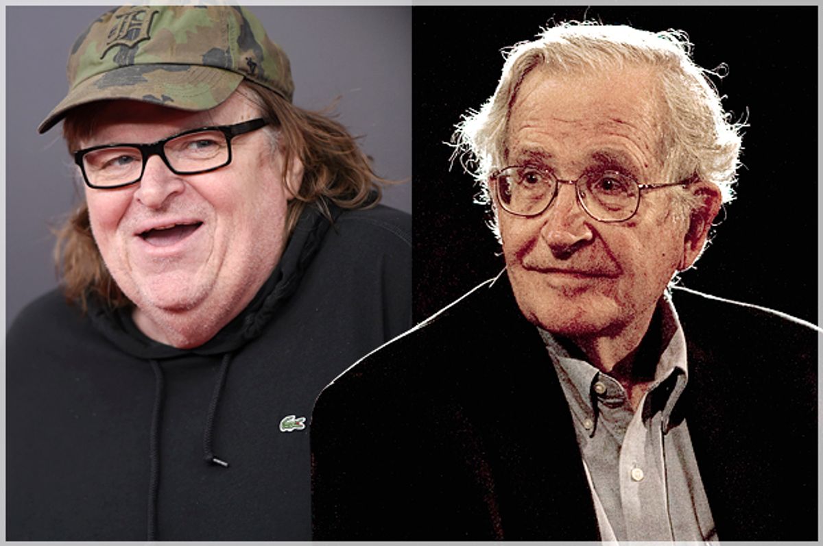 Michael Moore, Noam Chomsky   (AP/Evan Agostini/Reuters/Jorge Dan)
