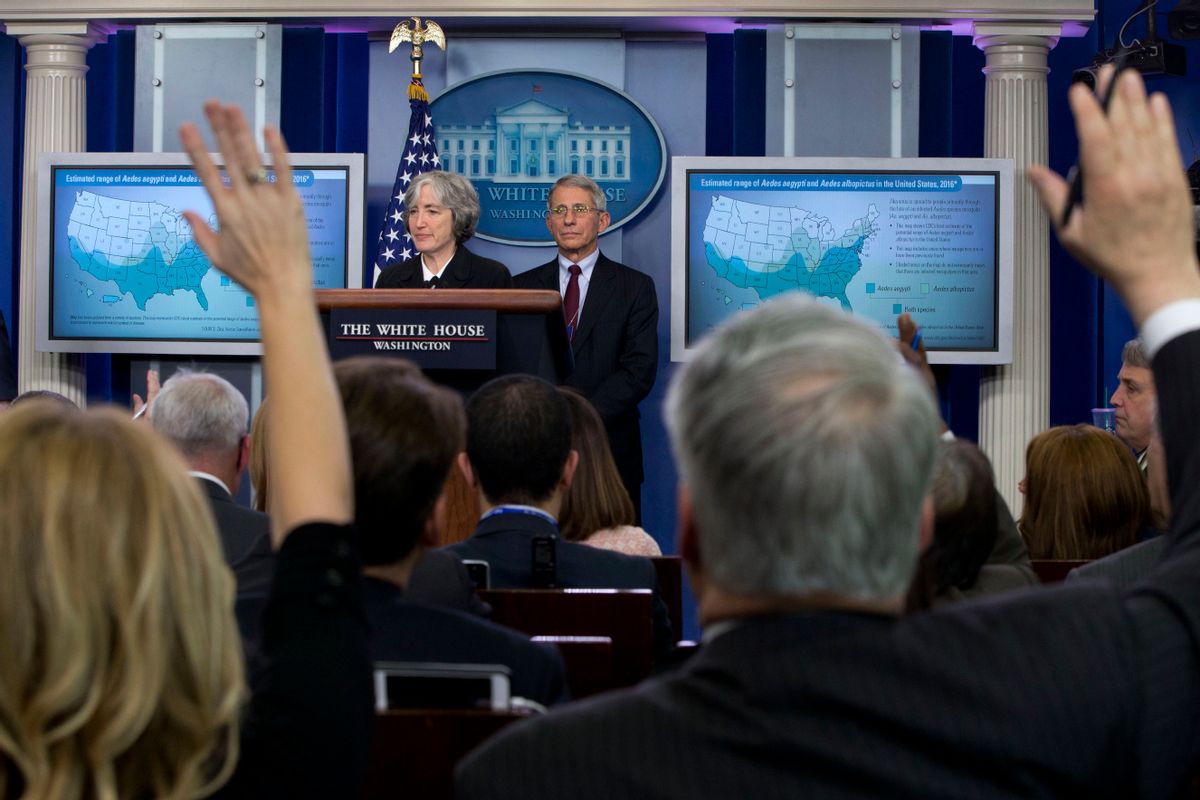 Dr. Anne Schuchat, principal deputy director of the Center for Disease Control, left, and Dr. Anthony Fauci, Director of NIH/NIAID, answers questions about the Zika virus during a news briefing at the White House in Washington, Monday, April 11, 2016.  (AP Photo/Jacquelyn Martin) (AP)