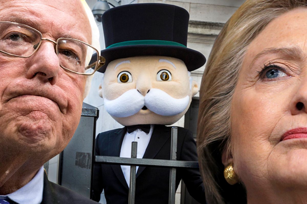 Bernie Sanders, Rich Uncle Pennybags, Hillary Clinton   (Reuters/Joshua Roberts/Lucas Jackson/Jim Young/Photo montage by Salon)