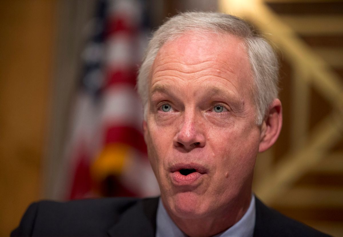 FILE - In this Feb. 4, 2016 file photo, Sen. Ron Johnson, R-Wis. speaks on Capitol Hill in Washington. For months Donald Trump has dominated the political scene like no other. But listen to endangered Senate Republicans as they campaign for re-election and you might not even know he exists.  (AP Photo/Manuel Balce Ceneta, File) (AP Photo/Manuel Balce Ceneta, File)