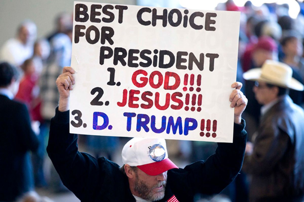 A Donald Trump supporter at a rally, Feb. 27, 2016, in Bentonville, Ark.    (AP/John Bazemore)
