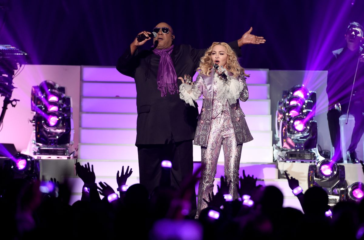 Stevie Wonder, left, and Madonna perform a tribute to Prince at the Billboard Music Awards at the T-Mobile Arena on Sunday, May 22, 2016, in Las Vegas. (Photo by Chris Pizzello/Invision/AP) (Chris Pizzello/invision/ap)
