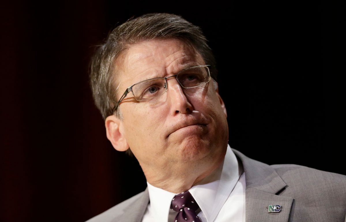 North Carolina Gov. Pat McCrory pauses while making comments concerning House Bill 2 during a government affairs conference in Raleigh, N.C., Wednesday, May 4, 2016. A North Carolina law limiting protections to LGBT people violates federal civil rights laws and can't be enforced, the U.S. Justice Department said Wednesday, putting the state on notice that it is in danger of being sued and losing hundreds of millions of dollars in federal funding. (AP Photo/Gerry Broome) (AP)