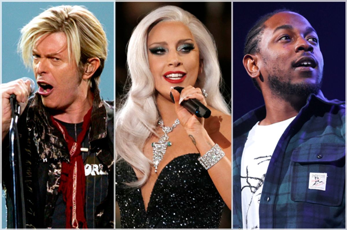David Bowie, Lady Gaga, Kendrick Lamar   (AP/Reuters/Shaun Best/Lucy Nicholson/Scott Roth)