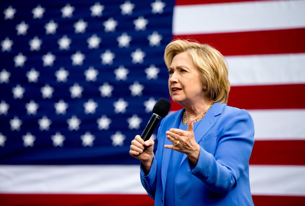 Democratic presidential candidate Hillary Clinton speaks at the home of Nathan Smith during a campaign stop in Fort Mitchell, Ky., Sunday, May 15, 2016. (AP Photo/Andrew Harnik) (AP)