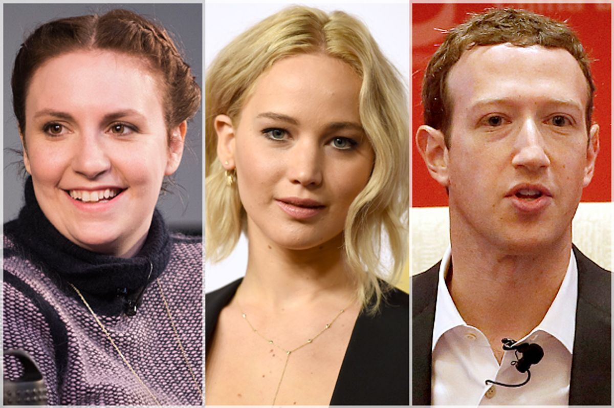 Lena Dunham, Jennifer Lawrence, Mark Zuckerberg   (AP/Arthur Mola/Jordan Strauss/Mark Schiefelbein)