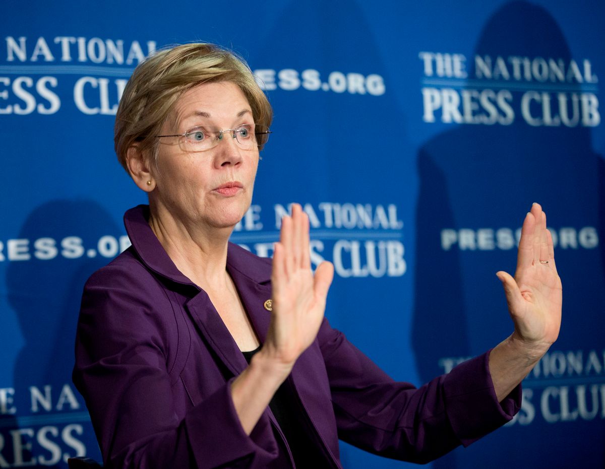 FILE - In this Nov. 18, 2015, file photo, Sen. Elizabeth Warren, D-Mass. gestures before speaking at the National Press Club in Washington. Warren has taken to Twitter to attack what she calls presumptive Republican presidential nominee Donald Trumps toxic stew of hatred &amp; insecurity. She put out a series of tweets Tuesday night as results from the GOP primary in Indiana left Trump as the overwhelming favorite to become the GOP nominee. (AP Photo/Pablo Martinez Monsivais, File) (AP)