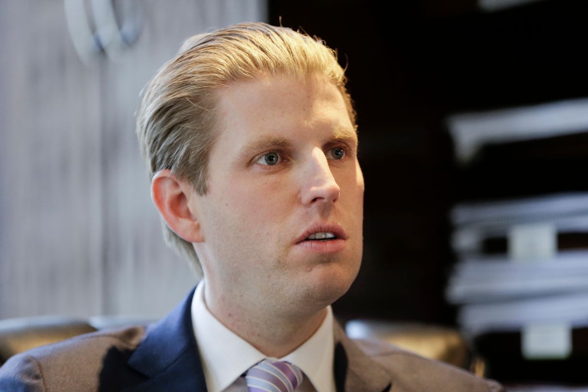 In this photo taken May 12, 2016, Eric Trump, son of Republican presidential candidate Donald Trump, responds to questions during an interview in New York. The windows of Eric Trumps office in the Trump Tower offer breathtaking views of some of Manhattans most expensive real estate. Its there the youngest of Donald Trumps adult sons is reflecting on eye-opening moments from a world far away. (AP Photo/Frank Franklin II) (AP Photo/Frank Franklin II)