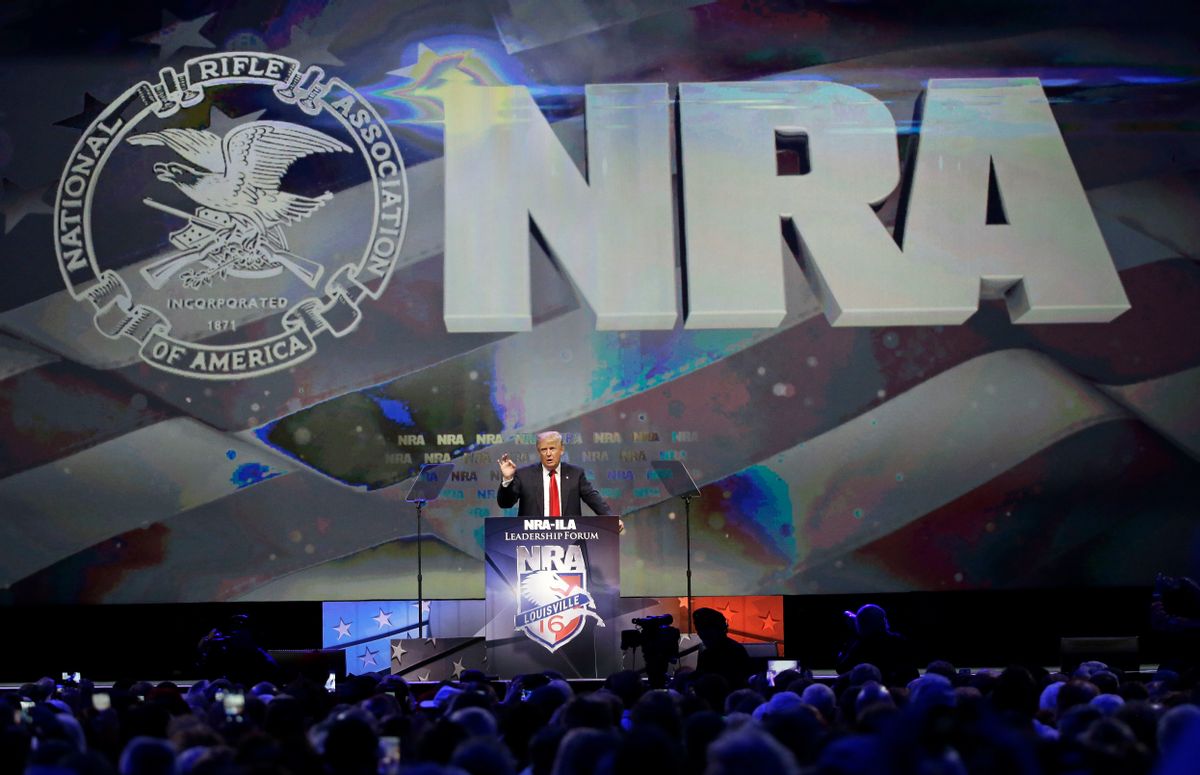 Republican presidential candidate Donald Trump speaks at the National Rifle Association convention, Friday, May 20, 2016, in Louisville, Ky. (AP Photo/Mark Humphrey) (AP)