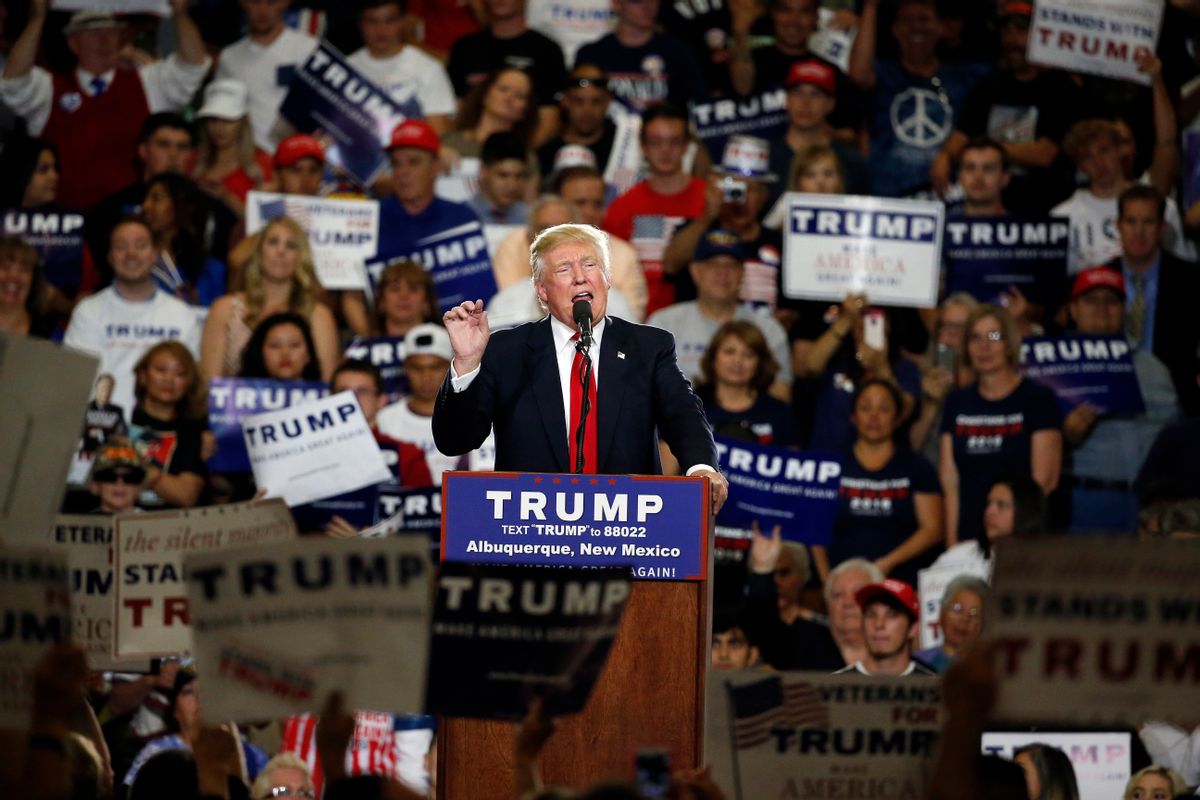 Republican presidential candidate Donald Trump speaks at a campaign event in Albuquerque, N.M., Tuesday, May 24, 2016. (AP Photo/Brennan Linsley) (AP)
